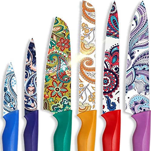 Astercook Paisley Pattern Knife Set with Cover, Dishwasher Safe Colorful Knives with 6 Knife Sheath, German Stainless Steel Rainbow Knife Set - Image 1
