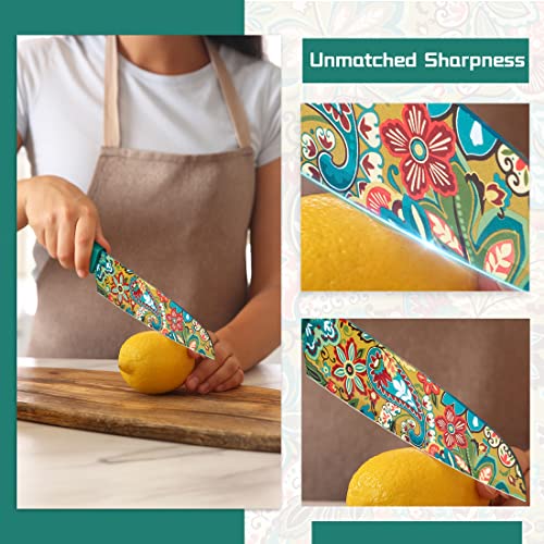 Astercook Paisley Pattern Knife Set with Cover, Dishwasher Safe Colorful Knives with 6 Knife Sheath, German Stainless Steel Rainbow Knife Set - Image 4