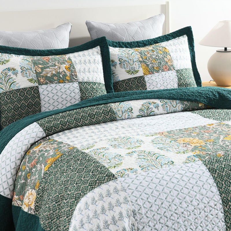 Secgo Queen Comforter Set for Bed - 100% Cotton Quilts Queen Size, Green, Emerald Bedspreads (90 * 98 Inch) with 2 Pillow Shams, Patchwork Reversible Lightweight Bedding - Image 2