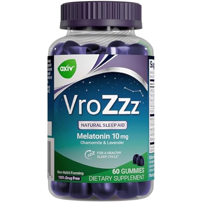 AXIV VroZzz Melatonin Sleep Aid Gummies, 10 mg Melatonin, with Chamomile, Lavender & Valerian Root, Supports Occasional Sleep, Wildberry Vanilla Flavor, 60 Gummies - Image 1