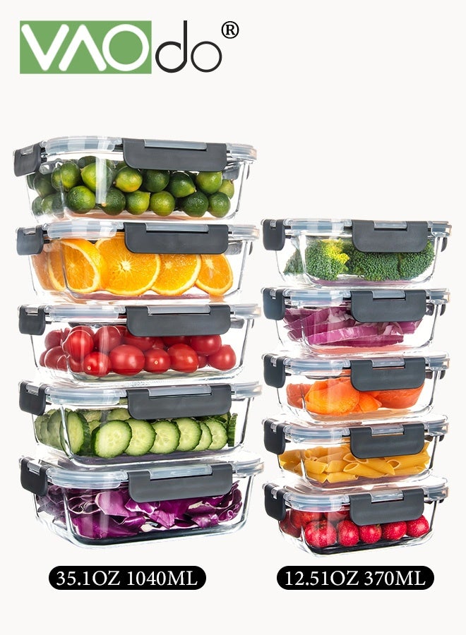 فاو دو 20 قطعة حاوية زجاجية لتخزين الطعام مع أغطية، عبوات زجاجية لتخزين الطعام مع أغطية، عبوات زجاجية لتحضير الوجبات، صناديق زجاجية محكمة الإغلاق لتناول الغداء في الميكروويف وآمنة في غسالة الأطباق والفرن، مقاومة للتسرب، خالية من مادة BPA، أسود 1040 مللي و370 مللي - Image 1