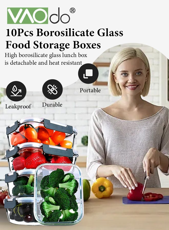 فاو دو 20 قطعة حاوية زجاجية لتخزين الطعام مع أغطية، عبوات زجاجية لتخزين الطعام مع أغطية، عبوات زجاجية لتحضير الوجبات، صناديق زجاجية محكمة الإغلاق لتناول الغداء في الميكروويف وآمنة في غسالة الأطباق والفرن، مقاومة للتسرب، خالية من مادة BPA، أسود 1040 مللي و370 مللي - Image 2