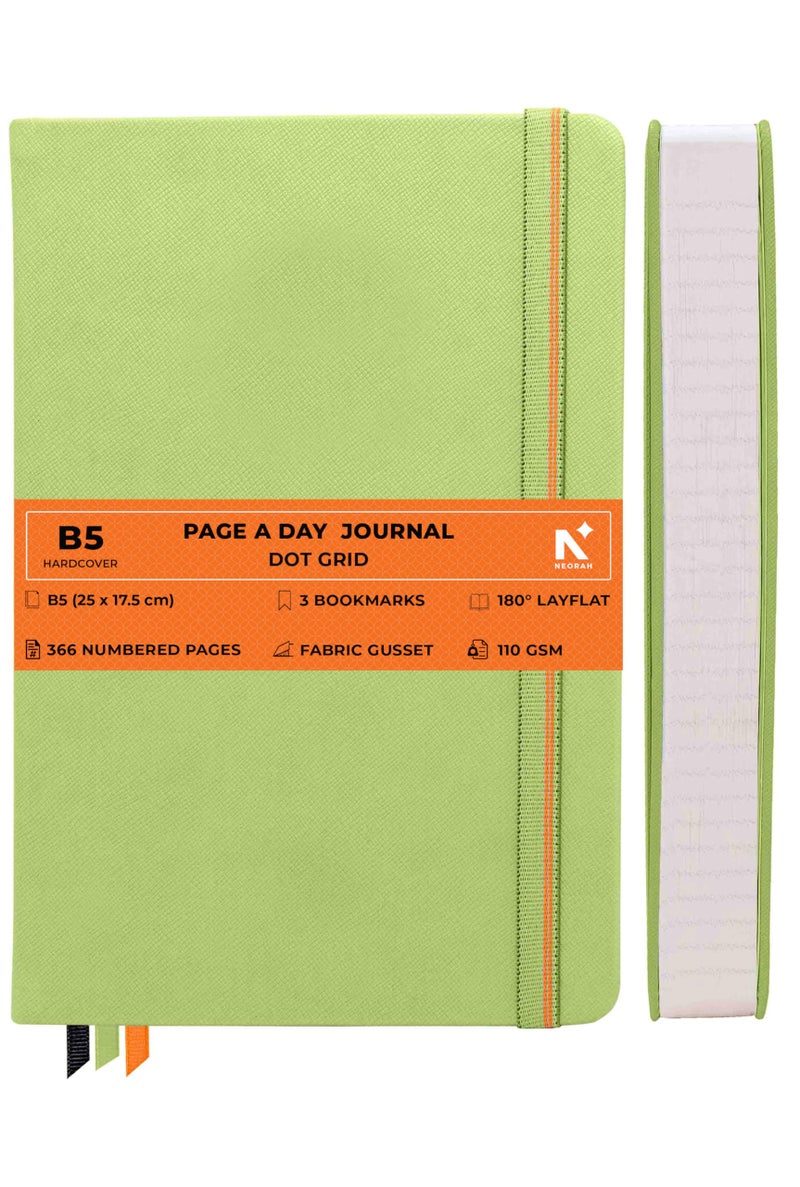 NEORAH —B5 DOTTED | 368 Pages - 110 Gsm | PAGE A DAY JOURNAL (25x17.5 cm)-Hardcover Dot Grid Notebook |Back Pocket |3 Silk Book Mark - Completely HANDMADE for Journaling,Note Taking- LIGHT GREEN - Image 1