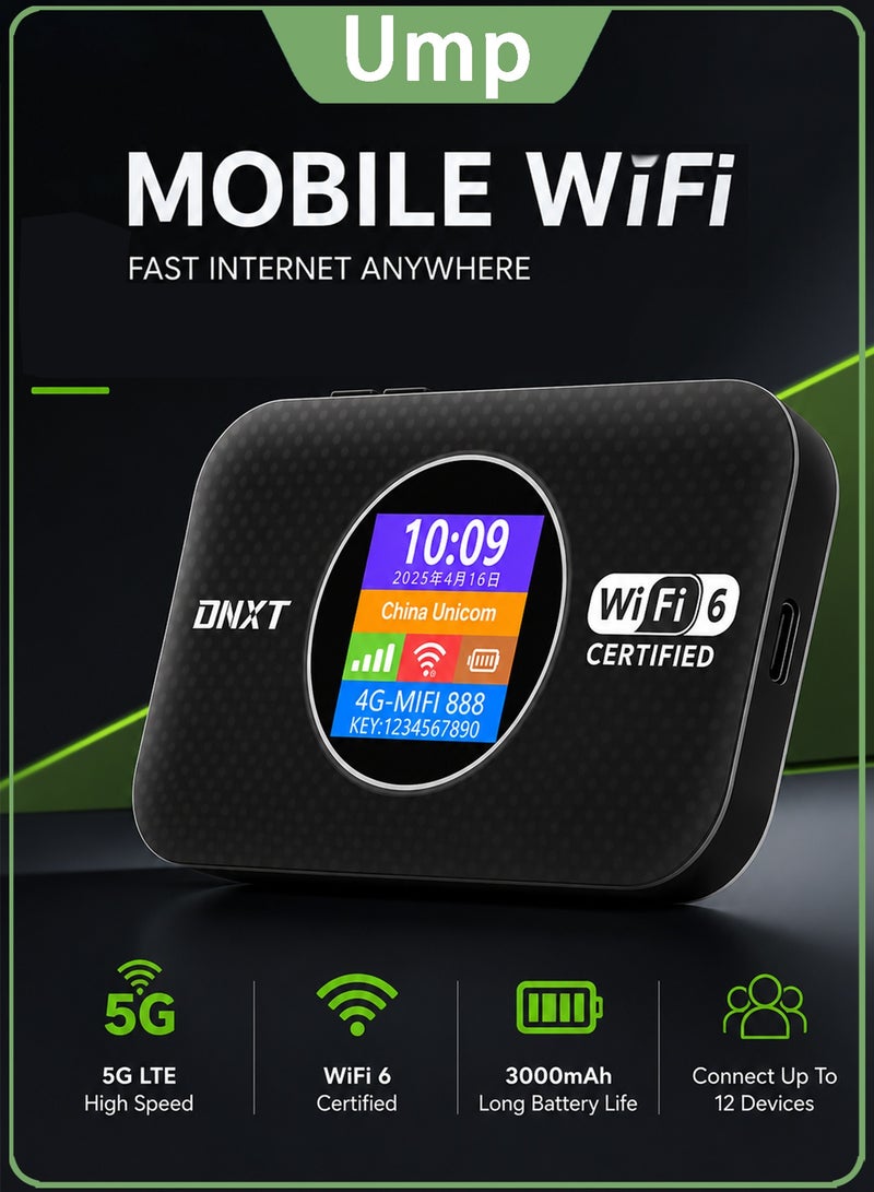 Mobile 4G WiFi Router, CPE DNXT Router,Pocket WiFi,Portable Wireless Modem, Support 5G SIM Router,WiFi 6, LTE Wireless Modem, Plug & Play, 3000mAh Battery, Battery & Time Display, WPA/WPA2 Security, One-Touch WPS Connection,Strong Signal, Up to 12 Devices, for Travel & Home Use(Black)