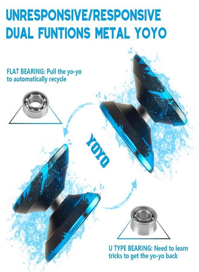 FETESNICE Yoyo Professional Responsive yo yo for Kids Beginner, Dual Purpose Metal Yo-yos, Unresponsive Yo yo for Advanced Yo-yo Players with 10 Strings + Bag + Glove(Black-Blue) - Image 2
