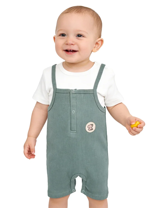 بابيز_بيسك Babies Basic Premium Ribbed Cotton Dungaree with Short Sleeves T-Shirt