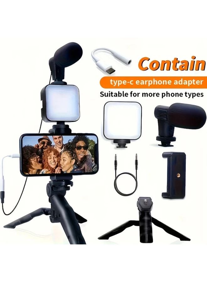 Upgraded Black Tripod Video Blogging Kit With LED Light Microphone Phone Holder For Live Streaming - Image 1