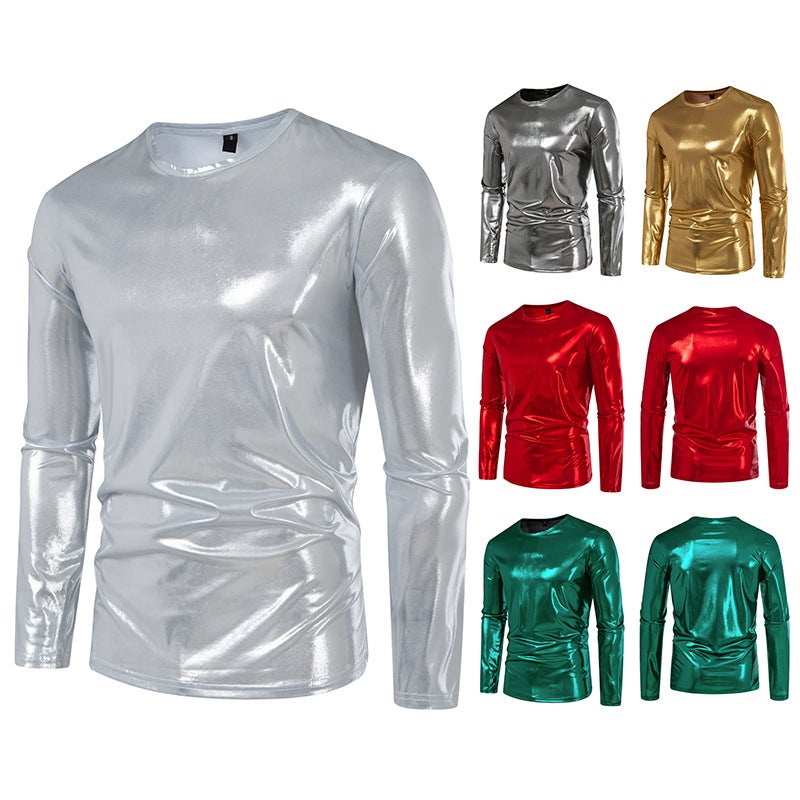 2025 Autumn New Men'S Fashion Trend Party Stage Shiny Long Sleeve Round Neck T-Shirt 033P30 - Image 5