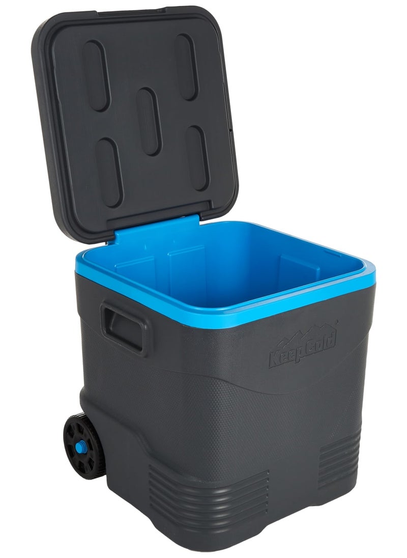 Cosmoplast Plastic Rolling Cooler with Wheels and Pull Handle, Capacity, Portable Ice Chest for Picnics and Beach, 4 Cup Holders - Grey and Blue - Image 2