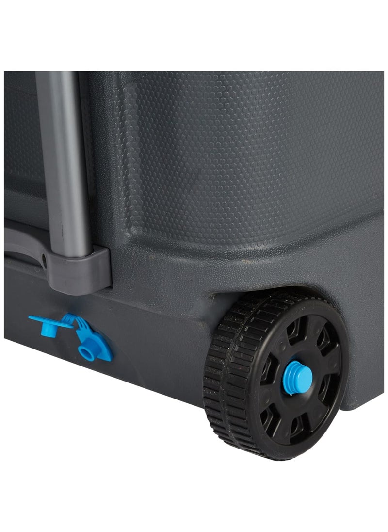 Cosmoplast Plastic Rolling Cooler with Wheels and Pull Handle, Capacity, Portable Ice Chest for Picnics and Beach, 4 Cup Holders - Grey and Blue - Image 4