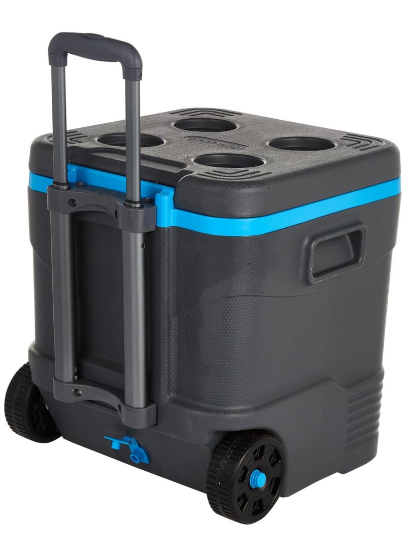 Cosmoplast Plastic Rolling Cooler with Wheels and Pull Handle, Capacity, Portable Ice Chest for Picnics and Beach, 4 Cup Holders - Grey and Blue - Image 3