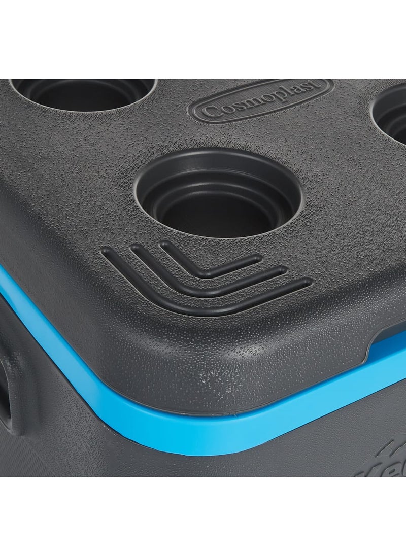 Cosmoplast Plastic Rolling Cooler with Wheels and Pull Handle, Capacity, Portable Ice Chest for Picnics and Beach, 4 Cup Holders - Grey and Blue - Image 5