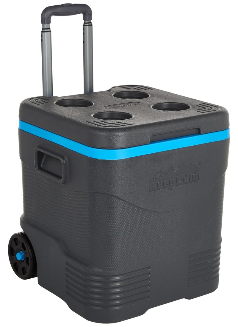 Cosmoplast Plastic Rolling Cooler with Wheels and Pull Handle, Capacity, Portable Ice Chest for Picnics and Beach, 4 Cup Holders - Grey and Blue - Image 1