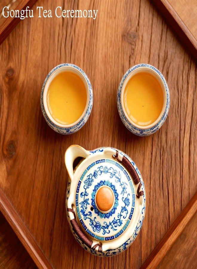 CmengAo Blue and White Porcelain Teapot with 2 Teacups, Anti-scald Handheld Ceramic Tea Pot Set, 8.5 oz Floral Lotus Pattern Kungfu Tea Pitcher for Home, Office, Travel & Art Decor - Image 4
