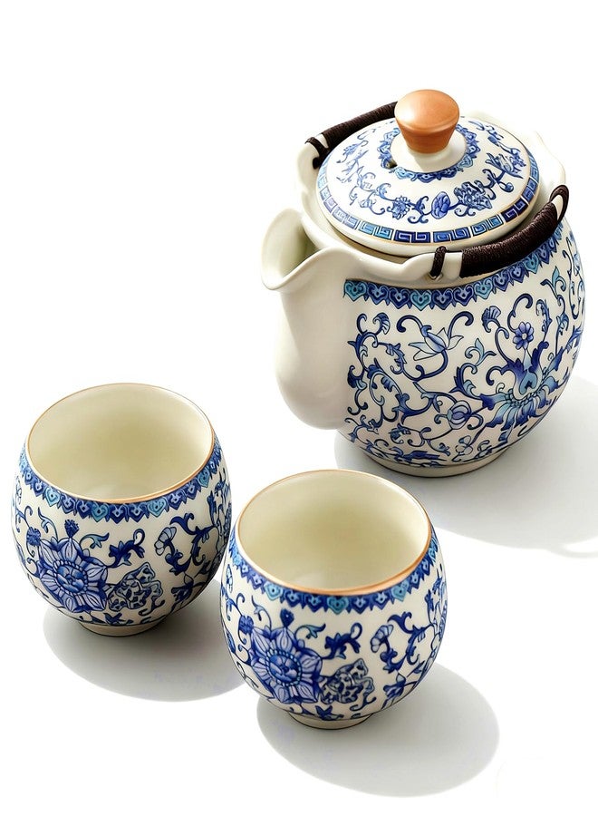 CmengAo Blue and White Porcelain Teapot with 2 Teacups, Anti-scald Handheld Ceramic Tea Pot Set, 8.5 oz Floral Lotus Pattern Kungfu Tea Pitcher for Home, Office, Travel & Art Decor - Image 1