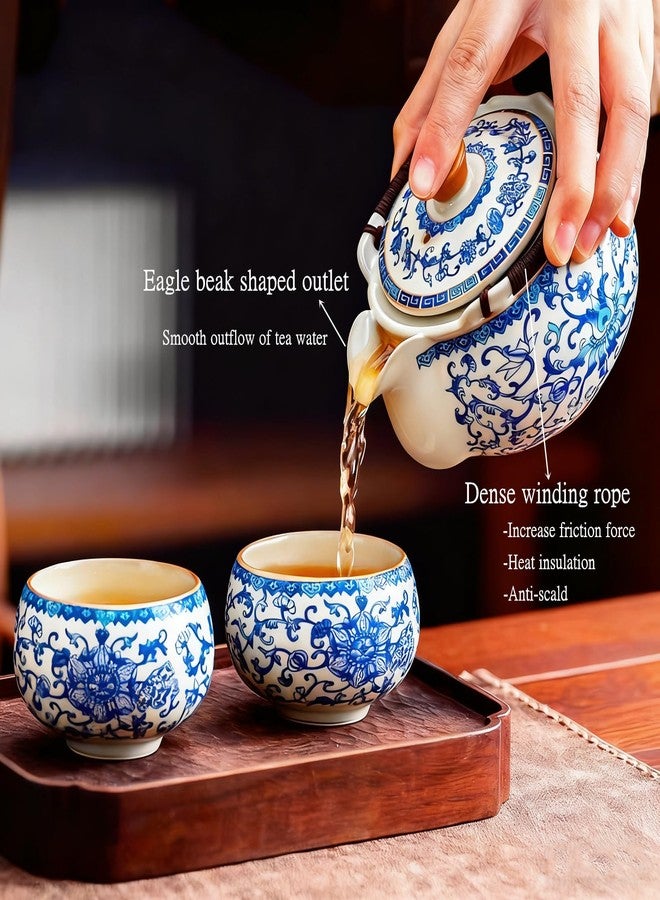 CmengAo Blue and White Porcelain Teapot with 2 Teacups, Anti-scald Handheld Ceramic Tea Pot Set, 8.5 oz Floral Lotus Pattern Kungfu Tea Pitcher for Home, Office, Travel & Art Decor - Image 2