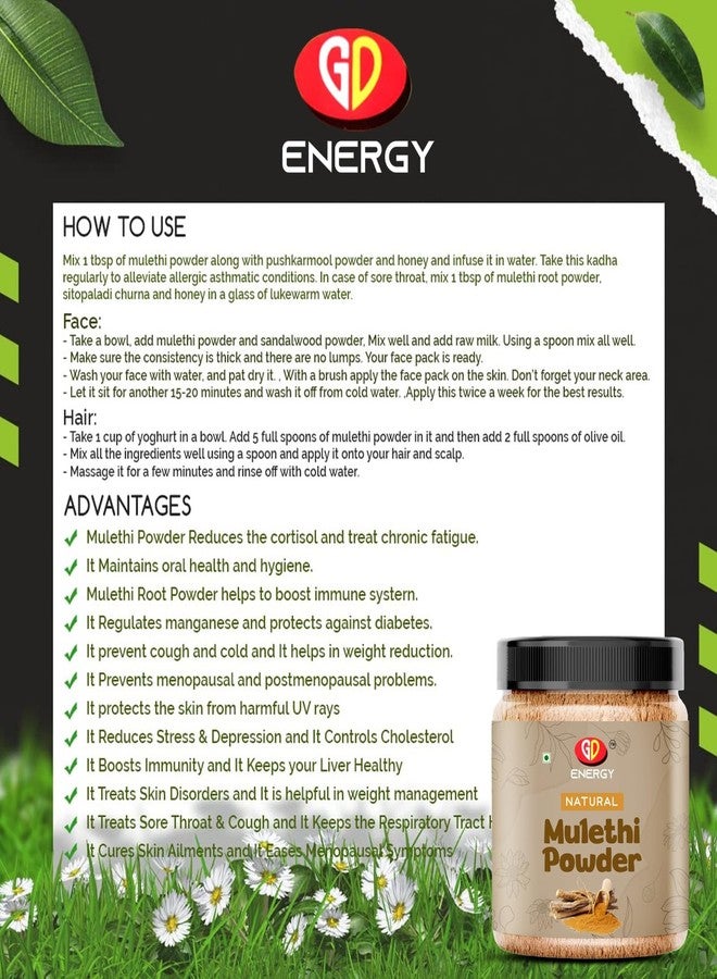 GD Energy Mulethi powder for Hair, Skin Whitening, for Tea, for Face Pack, liquorice powder for skin whitening,Yashtimadhu powder organic Face SKin (500g) - Image 2
