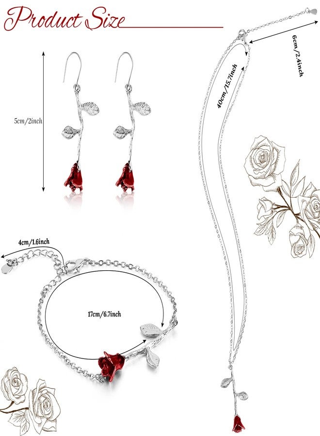 Sureio 18K Gold Plated Jewelry Set Rose Necklace Bracelet Earrings Personalized Red Rose Flower Necklaces Aesthetic Chain Bracelet Beach Anklets Dangle Hook Earrings for Christmas Gift Girls Women, - Image 2
