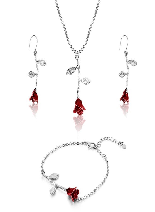 Sureio 18K Gold Plated Jewelry Set Rose Necklace Bracelet Earrings Personalized Red Rose Flower Necklaces Aesthetic Chain Bracelet Beach Anklets Dangle Hook Earrings for Christmas Gift Girls Women, - Image 1