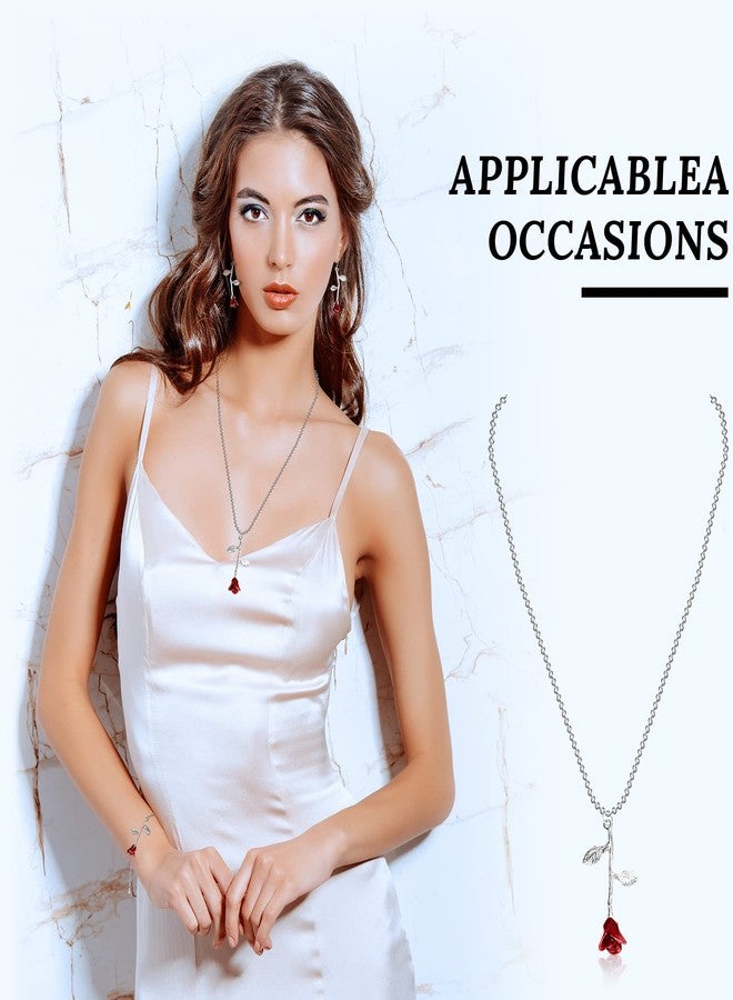 Sureio 18K Gold Plated Jewelry Set Rose Necklace Bracelet Earrings Personalized Red Rose Flower Necklaces Aesthetic Chain Bracelet Beach Anklets Dangle Hook Earrings for Christmas Gift Girls Women, - Image 5