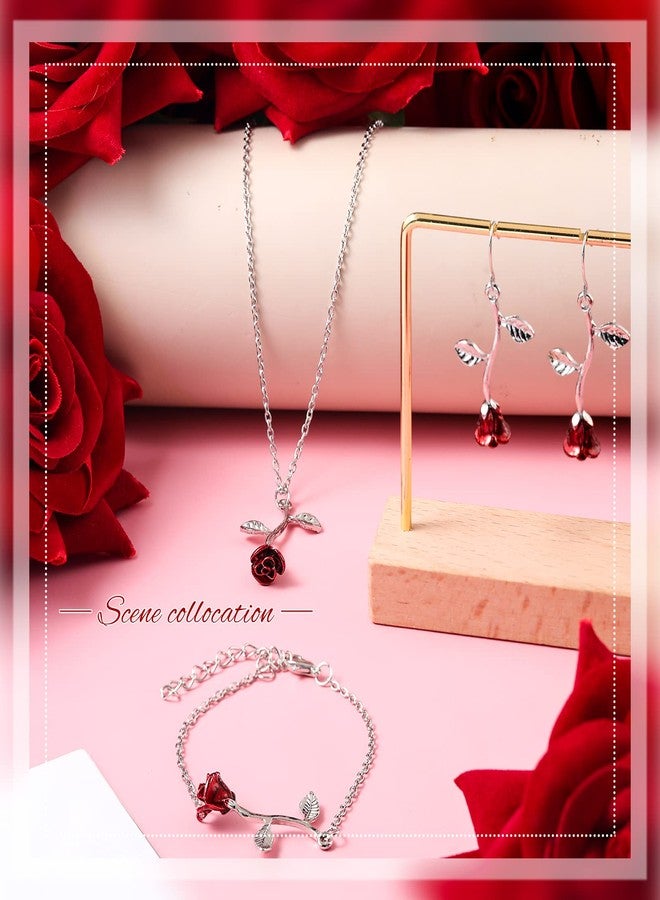 Sureio 18K Gold Plated Jewelry Set Rose Necklace Bracelet Earrings Personalized Red Rose Flower Necklaces Aesthetic Chain Bracelet Beach Anklets Dangle Hook Earrings for Christmas Gift Girls Women, - Image 3