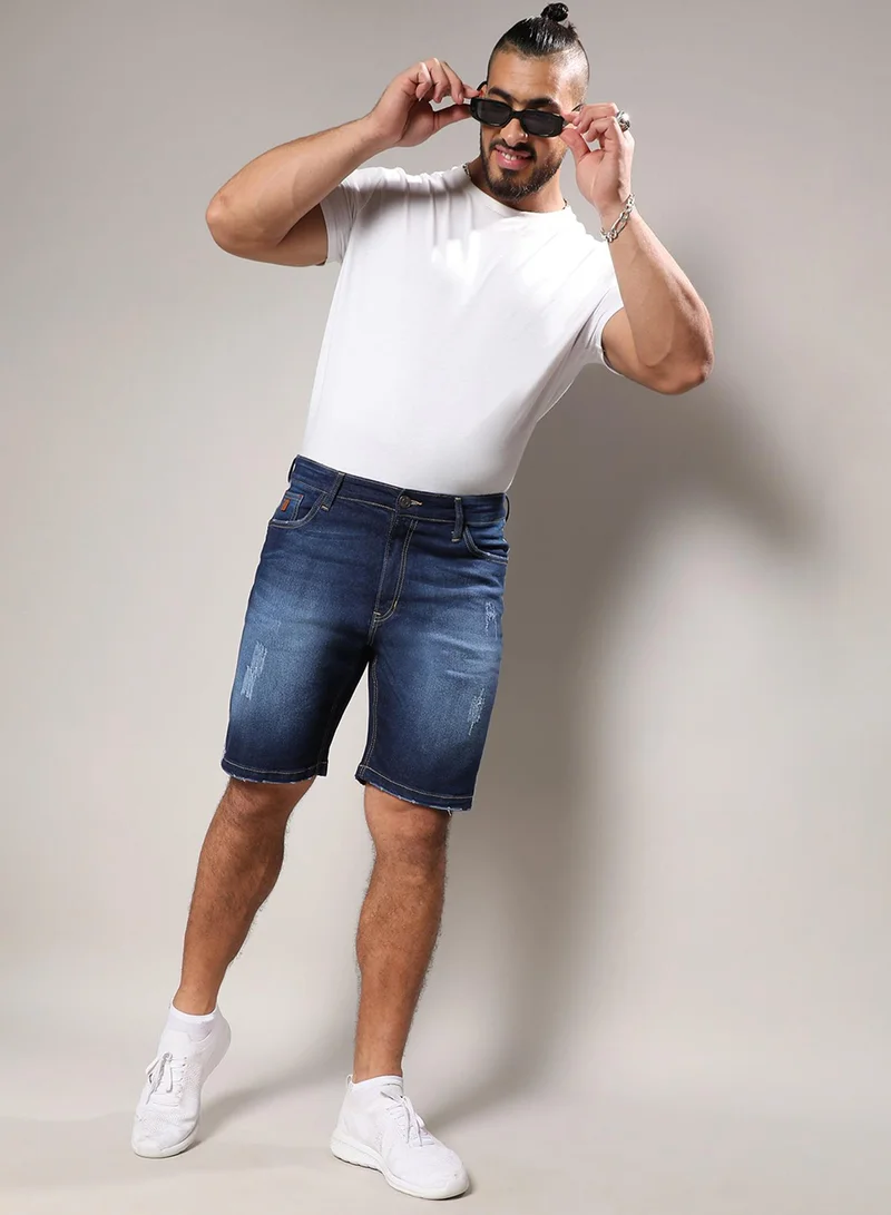 Instafab Plus Instafab Plus Men's Dark Blue Side-Striped Denim Shorts For Casual Wear | Dark-Wash | Plus-Size Fit | Button Closure | Denim Shorts Crafted With Comfort Fit For Everyday Wear