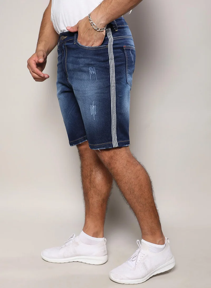 Instafab Plus Instafab Plus Men's Dark Blue Side-Striped Denim Shorts For Casual Wear | Dark-Wash | Plus-Size Fit | Button Closure | Denim Shorts Crafted With Comfort Fit For Everyday Wear