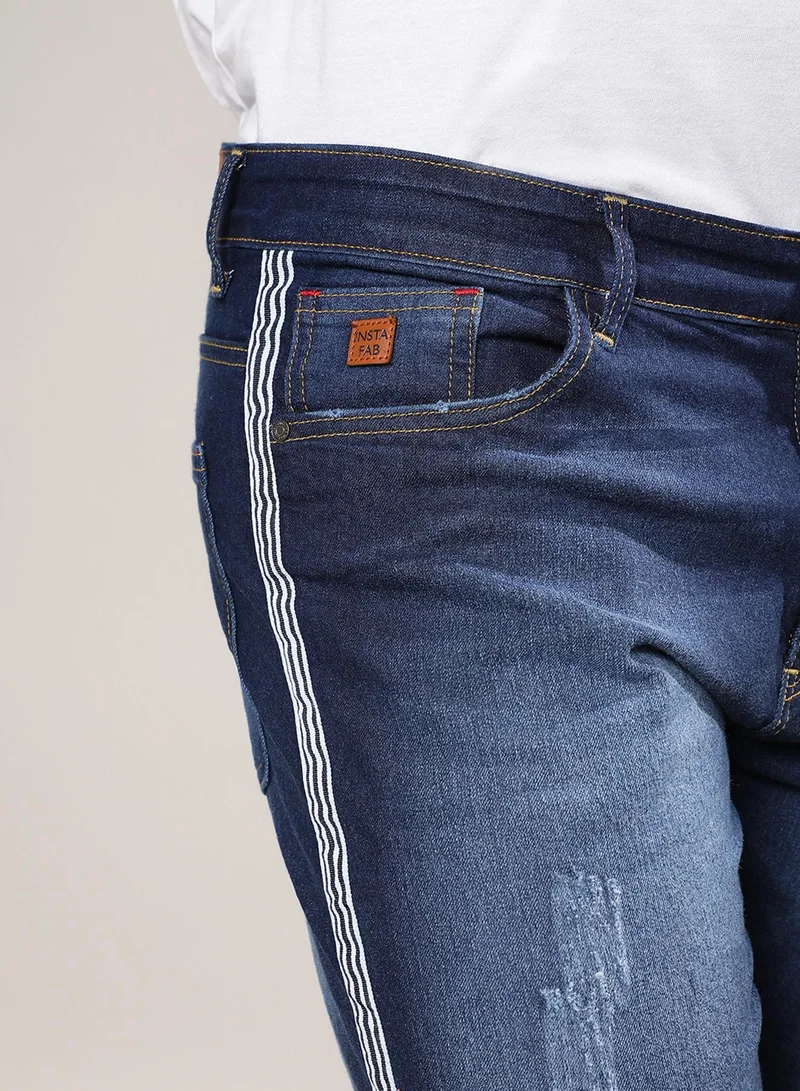Instafab Plus Instafab Plus Men's Dark Blue Side-Striped Denim Shorts For Casual Wear | Dark-Wash | Plus-Size Fit | Button Closure | Denim Shorts Crafted With Comfort Fit For Everyday Wear