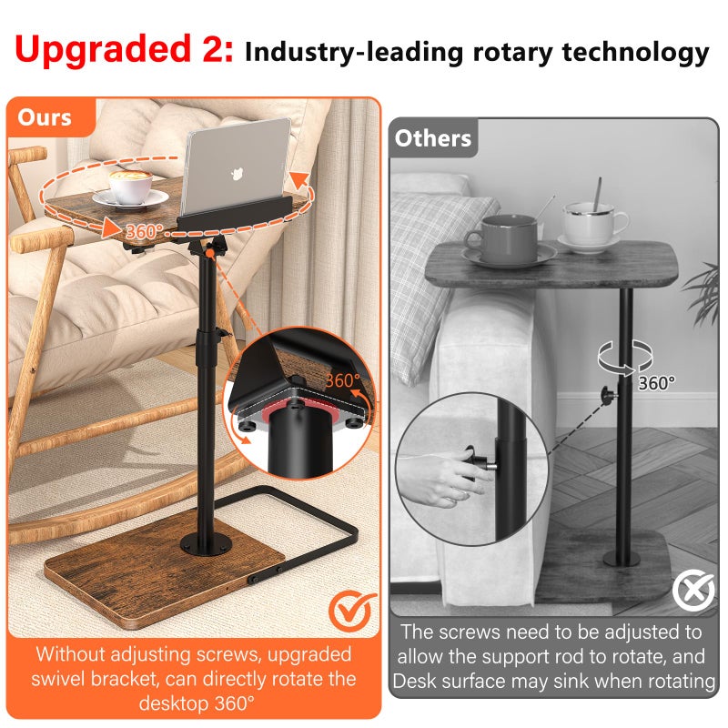 Dataroad Selead TV Tray Table for Couch, Height Adjustable/360Â° Swivel/180Â° Flip-Over Panel Design C-Shaped End Table, Sofa Arm End Side Table with Phone & Tablet Slot for Eating, Laptop,Couch Bed (Vintage Brown) - Image 3