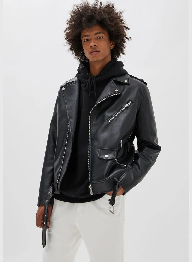 PULL&BEAR Black faux leather biker jacket