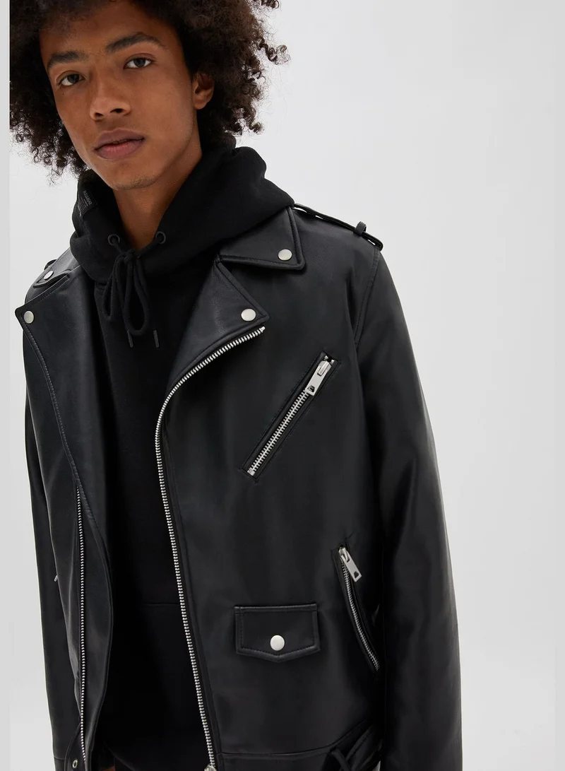 PULL&BEAR Black faux leather biker jacket