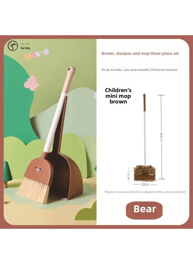 Children's Broom Combination Baby Broom Suit Baby Mop Play House Toy Simulation Broom Enlightenment Toy-Color:Cute Bear Broom And Dustpan + 60cm Brown Mop Three-piece Set