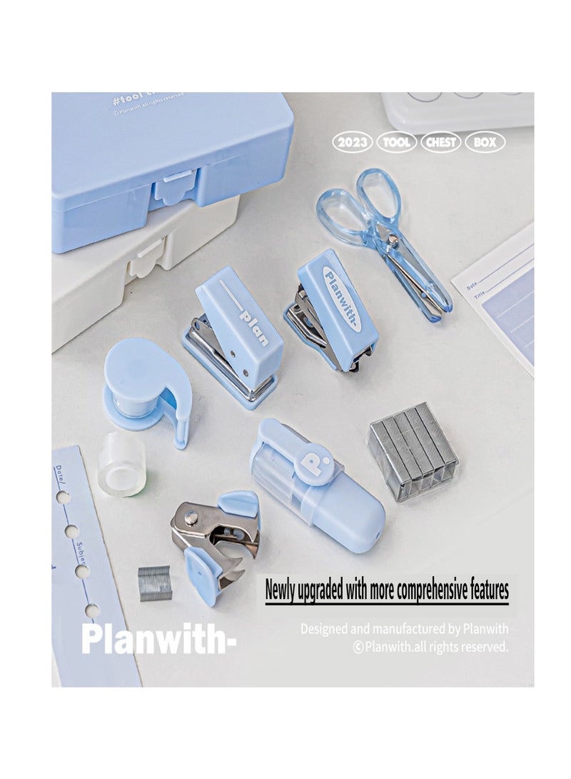 Mini School Supply Kits ,Mini Office Supply Kits, Basic School Stationery Set , Includes Tiny Stapler, Mini Stapler,Scissors, Staple Remover, Staples, Adhesive Tape Replace Core, Marking Pen (Blue) - Image 2