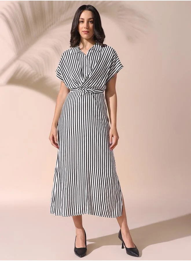 Dennis Lingo Women white regular fit striped half sleeves cotton blend dress with button closure featuring a spread collar- perfect for making bold moves.