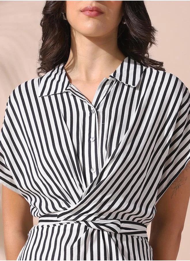 Dennis Lingo Women white regular fit striped half sleeves cotton blend dress with button closure featuring a spread collar- perfect for making bold moves.