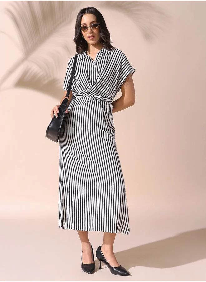 Dennis Lingo Women white regular fit striped half sleeves cotton blend dress with button closure featuring a spread collar- perfect for making bold moves.