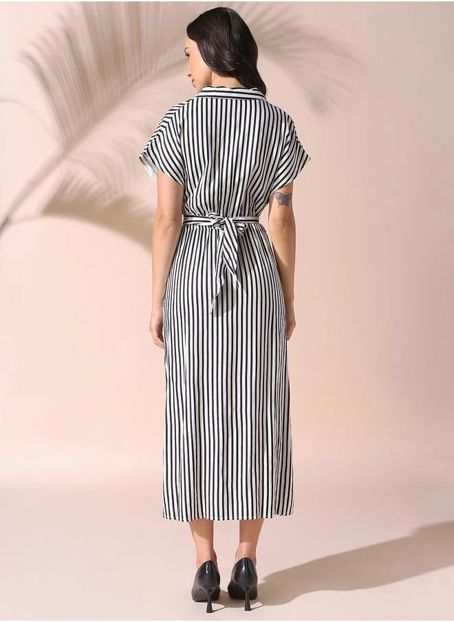 Dennis Lingo Women white regular fit striped half sleeves cotton blend dress with button closure featuring a spread collar- perfect for making bold moves.