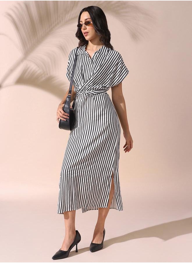 Dennis Lingo Women white regular fit striped half sleeves cotton blend dress with button closure featuring a spread collar- perfect for making bold moves.  - Image 1