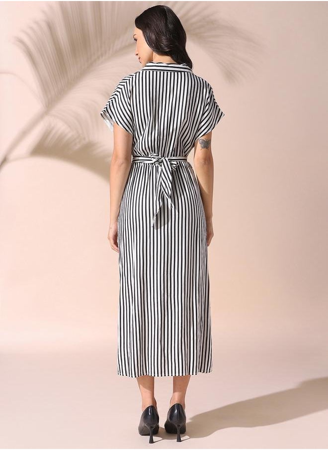 Dennis Lingo Women white regular fit striped half sleeves cotton blend dress with button closure featuring a spread collar- perfect for making bold moves.  - Image 2