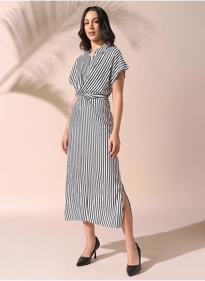Dennis Lingo Women white regular fit striped half sleeves cotton blend dress with button closure featuring a spread collar- perfect for making bold moves.  - Image 3