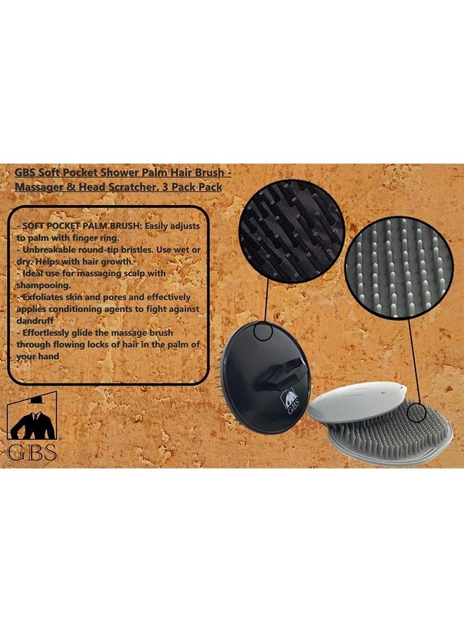 G.B.S Head Shampoo Scalp Massager Brush and Soft Palm Pocket Comb for All Hair Types, Pack of 3 (1 Black and 2 Gray) Made in U.S.A - Image 2