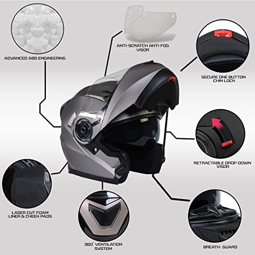 Milwaukee Helmets MPH9808DOT 'Ionized' Silver Advanced Motorcycle Modular Helmet for Men and Women Biker w/Drop Down Visor - Large - Image 2