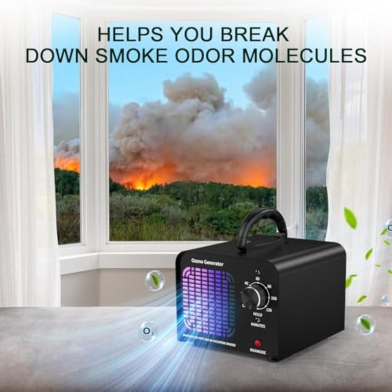 Commercial ozone generator 60000mg/h for odor removal in cars, pets, homes, and smoke; stainless steel housing, black color, high-capacity continuous operation - Image 2