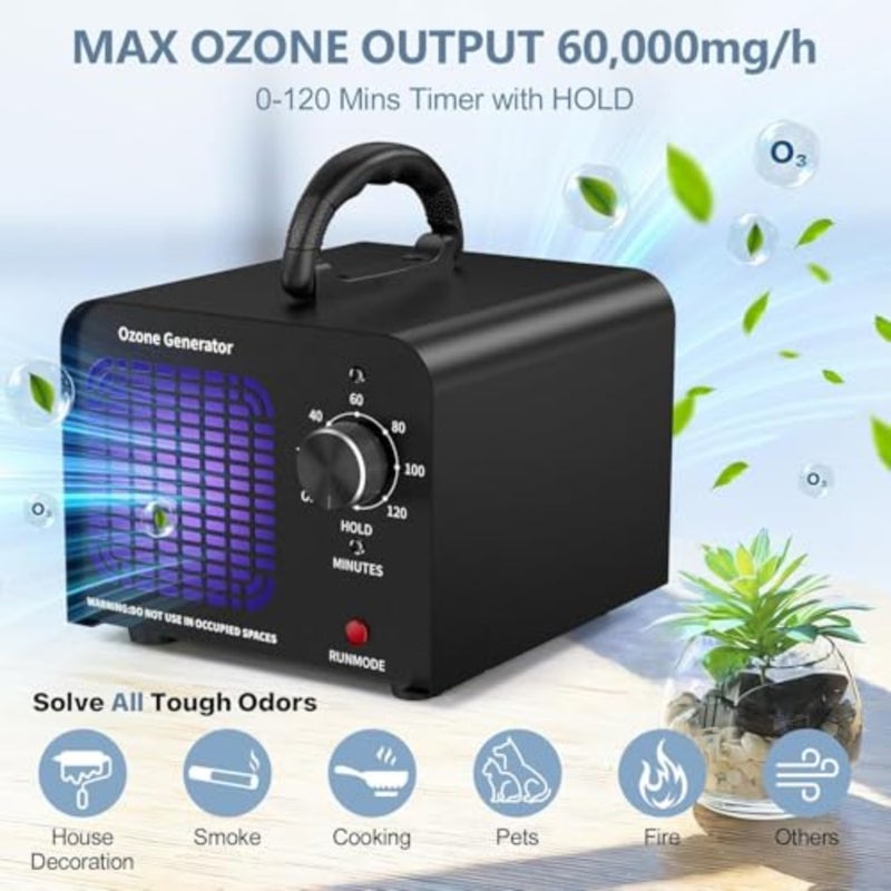 Commercial ozone generator 60000mg/h for odor removal in cars, pets, homes, and smoke; stainless steel housing, black color, high-capacity continuous operation - Image 3