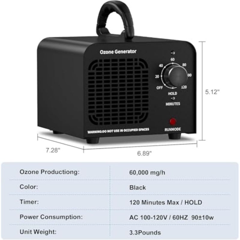 Commercial ozone generator 60000mg/h for odor removal in cars, pets, homes, and smoke; stainless steel housing, black color, high-capacity continuous operation - Image 4