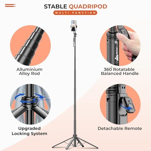 WeCool S7 Selfie Stick Tripod, 71" Extendable with Quad Stand, 360° Rotatable Handle, Detachable Bluetooth Remote, Phone Tripod for Vlogging, YouTube, Travel, iPhone, Android - Image 2
