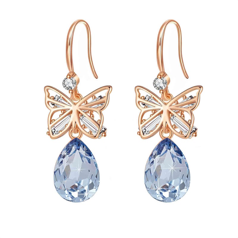 EVEVIC Austrian Crystal Teardrop Butterfly Drop Dangle Earrings for Women 14K Rose Gold Plated Hypoallergenic Jewelry (Light Blue) - Image 1