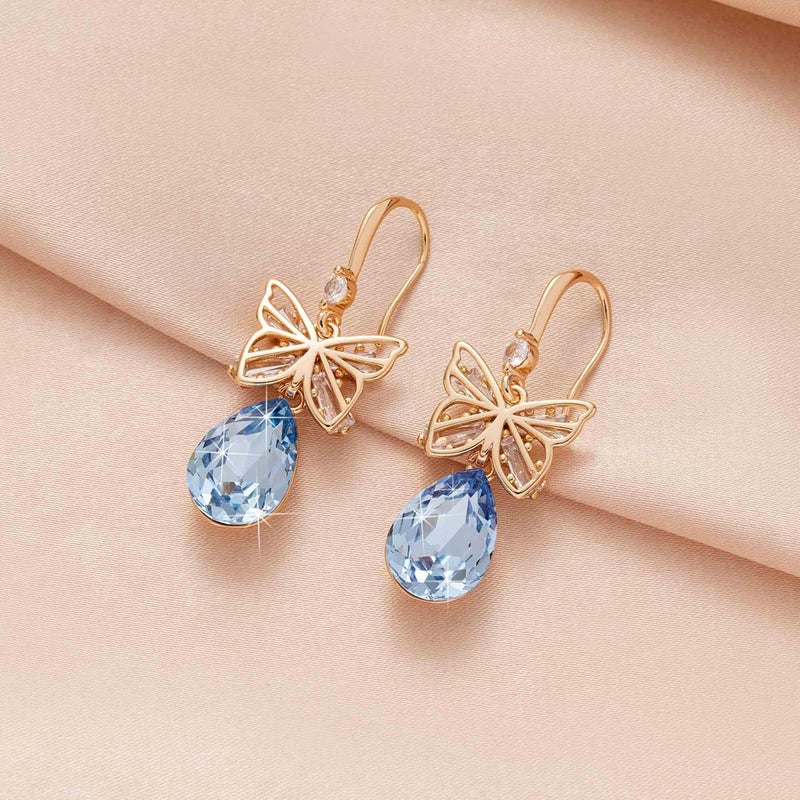 EVEVIC Austrian Crystal Teardrop Butterfly Drop Dangle Earrings for Women 14K Rose Gold Plated Hypoallergenic Jewelry (Light Blue) - Image 5