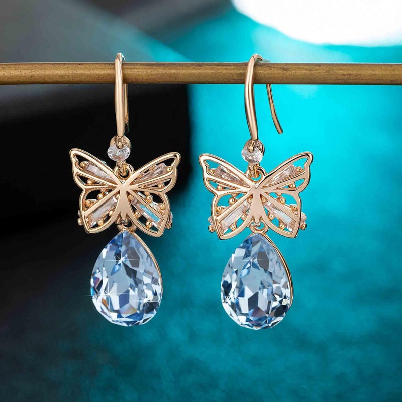 EVEVIC Austrian Crystal Teardrop Butterfly Drop Dangle Earrings for Women 14K Rose Gold Plated Hypoallergenic Jewelry (Light Blue) - Image 3