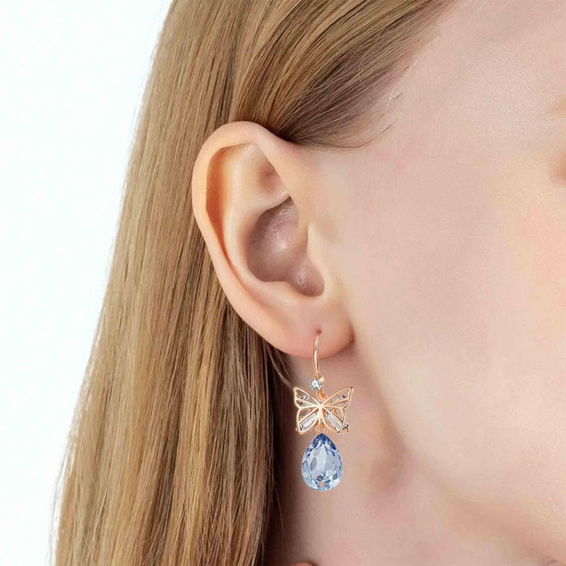 EVEVIC Austrian Crystal Teardrop Butterfly Drop Dangle Earrings for Women 14K Rose Gold Plated Hypoallergenic Jewelry (Light Blue) - Image 2